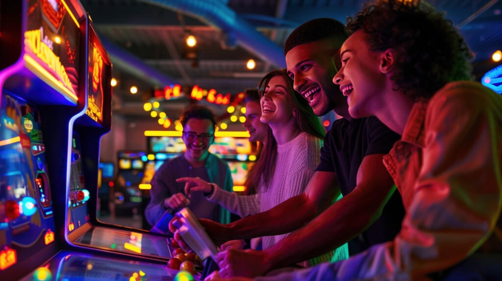 Freunde spielen Arcade-Spiele und lachen gemeinsam.